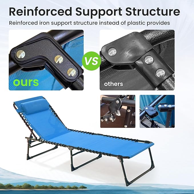 Folding Chaise Lounge Chair 5-Position Adjustable Outdoor Recliner 400LB Capacity Portable Patio Camping Beach Pool Sunbathing Lounger with Pillow, Light Blue