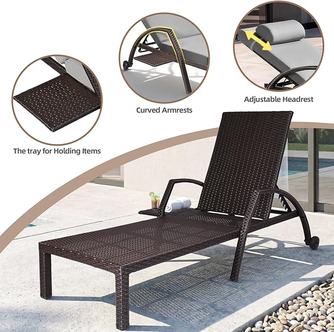 Patio Chaise Lounge Chairs Set of 2 Wicker Pool Lounge Chairs Outdoor with 5 Adjustable Back & Removable Cushion & Tray Tanning Chair Sun Loungers for Patio Poolside Deck Beach