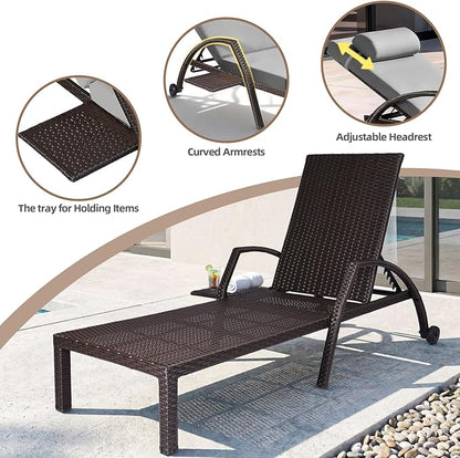 Patio Chaise Lounge Chairs Set of 2 Wicker Pool Lounge Chairs Outdoor with 5 Adjustable Back & Removable Cushion & Tray Tanning Chair Sun Loungers for Patio Poolside Deck Beach