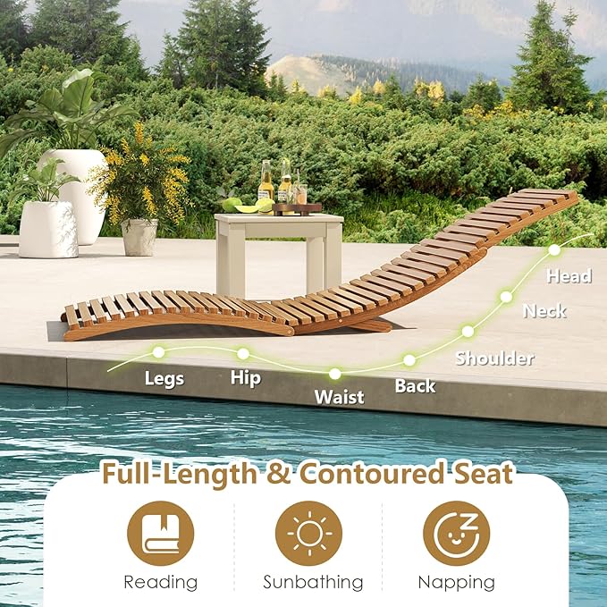 Tangkula Patio Folding Wooden Lounge Chairs, Teak Wood Pool Chairs with Slatted Seat, Outdoor Portable Low-Profile Sun Lounger for Poolside, Backyard, Porch, Beach (2)