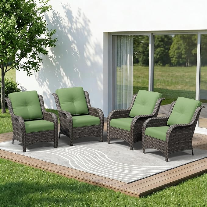 4 Piece Outdoor Wicker Patio Furniture Set, Patio Chairs Set of 4 with Thickened Olefin Cushions, High Back and Deep Seating, Hand-Woven PE Rattan for Porch, Deck, Green