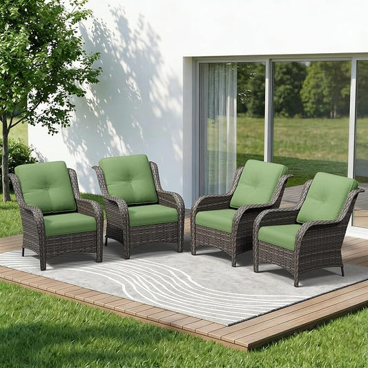 4 Piece Outdoor Wicker Patio Furniture Set, Patio Chairs Set of 4 with Thickened Olefin Cushions, High Back and Deep Seating, Hand-Woven PE Rattan for Porch, Deck, Green