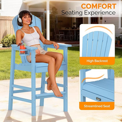 VINGLI Tall Adirondack Chair, All-Weather Plastic Adirondack Chair with Cup Holder Heavy-Duty Outdoor Barstools for Patio, Pool, Balcony,Backyard (Blue, 1 PCS)