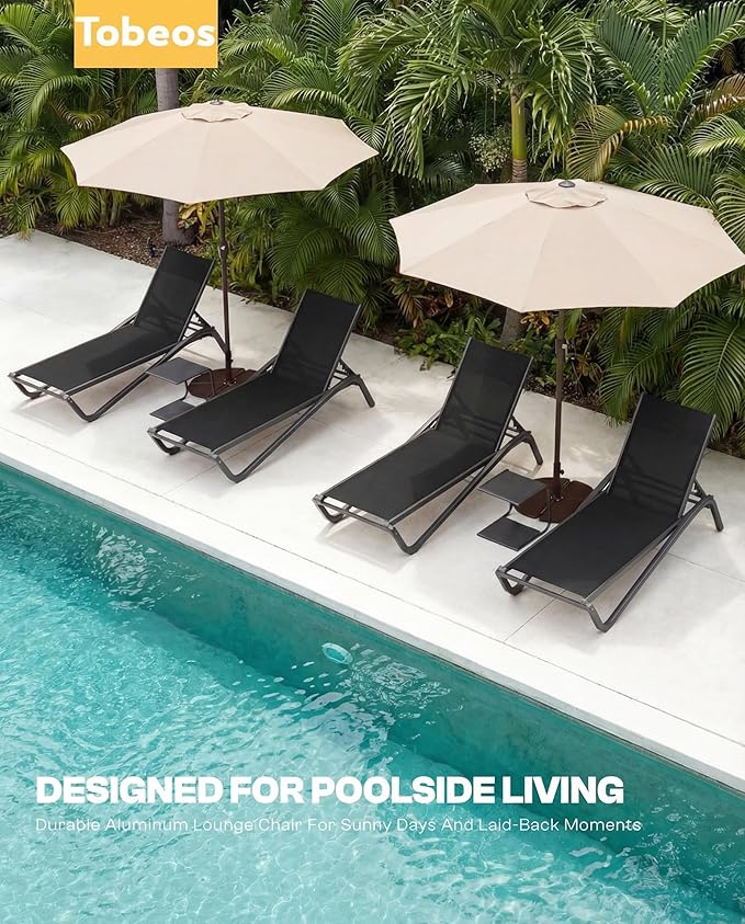 Outdoor Chaise Lounge Chair Set of 30, 5-Position Adjustable Patio Lounge Chair with Aluminum Frame, Textilene Fabric Pool Loung Chairs for Poolside, Deck, Backyard (Black)