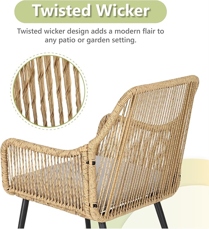 Patio Dining Chairs, Outdoor Dining Chairs with Armrest and Cushion Set of 6, Woven Twisted Wicker Rattan Chair, Modern Indoor Outdoor Seating for Garden, Lawn, Backyard, Natural