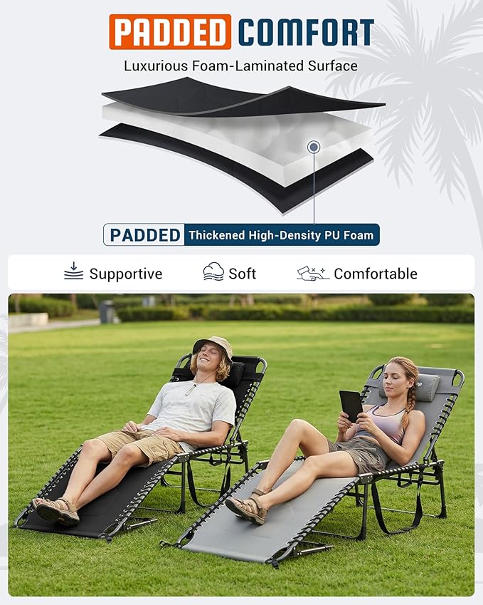 KingCamp Oversized Tanning Chair, Extra-Wide Padded Folding Chase Lounge Chairs Portable Adjustable 5-Position 440lbs Heavy Duty Lounger with Double-Layer Oxford for Outdoor Beach Patio Sun Pool Black