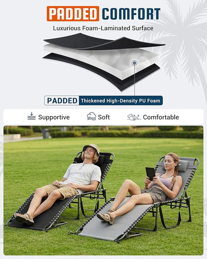 KingCamp Oversized Tanning Chair, Extra-Wide Padded Folding Chase Lounge Chairs Portable Adjustable 5-Position 440lbs Heavy Duty Lounger with Double-Layer Oxford for Outdoor Beach Patio Sun Pool Black