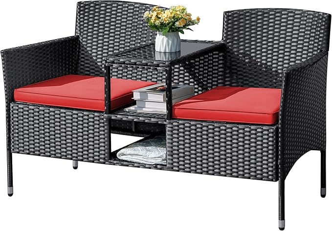 Flamaker Outdoor Furniture Patio Loveseat Wicker 2-Seat with Built-in Table and Cushions Rattan Porch Chairs Bench for - Photo 1