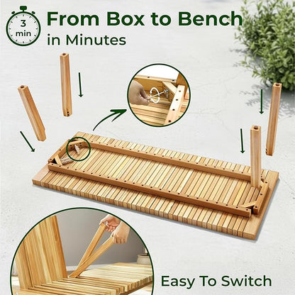 Melino Convertible Slat Bench, 3-in-1 Bench to Table to Chair, FSC Acacia Solid Wood for Indoor Outdoor - Patio, Entryway, Living Room, Guest Room - Easy Assembly, 47 Inch