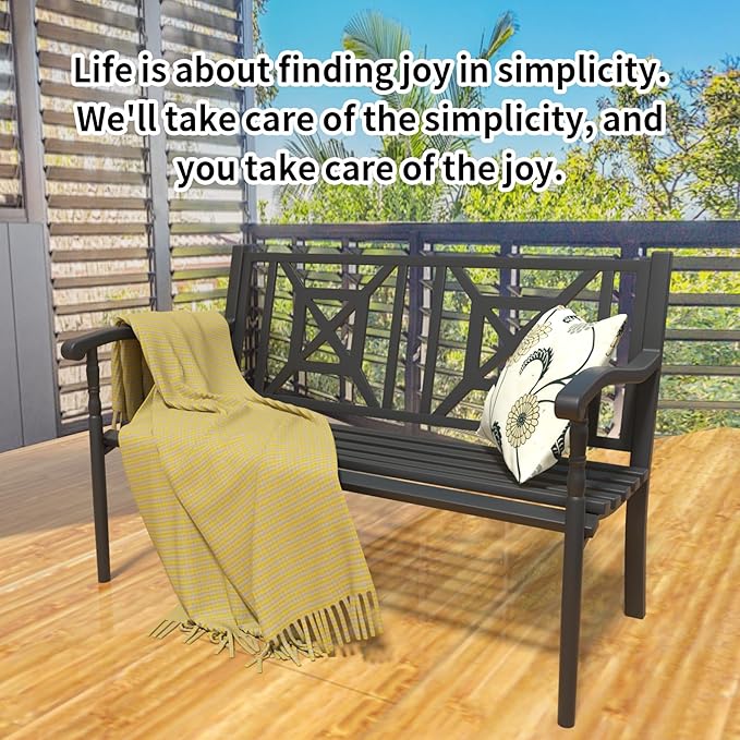 YLGJ&TIDY 50 Inches Patio Bench Outdoor Metal Bench with Pattern Backrest Armrest Rust-Resistant Outdoor Porch Benches for Garden Park Lawn Yard Front Porch, Pack of 2 (BENCH05 2PK)