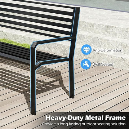 Tangkula 50” Outdoor Metal Park Bench, Patio Slatted Garden Bench for 2-3 People with Armrests & Backrest, Heavy-Duty Modern Seating for Backyard, Poolside, Porch