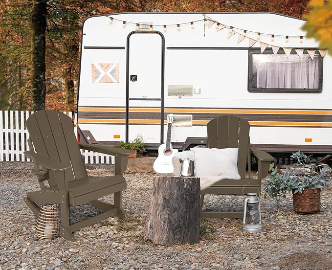 Outdoor Rocking Chair, HDPE Poly All-Weather Patio Rocking Chairs with Cup Holder for Adults, Porch Rocker for Deck Patio Balcony, 440lbs, Dark Brown