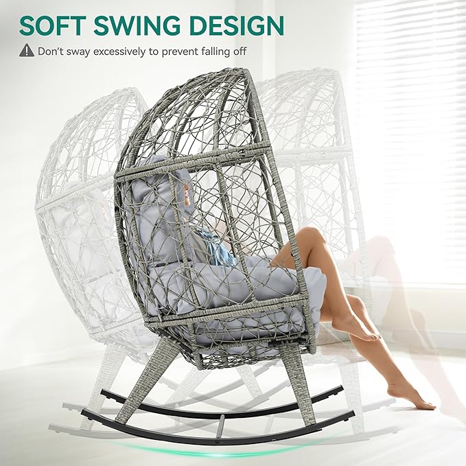 YITAHOME Outdoor Rocking Egg Chair with Cushioned Comfort, Wicker Patio Rocker 250lb Capacity, Anti-Slip, All-Weather Resilient Rattan Design for Indoor & Outdoor Relaxation Spaces, Light Grey