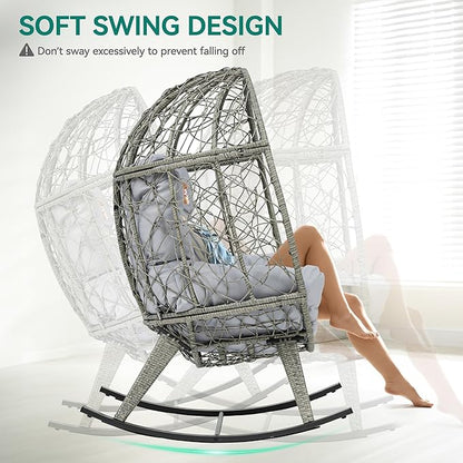 YITAHOME Outdoor Rocking Egg Chair with Cushioned Comfort, Wicker Patio Rocker 250lb Capacity, Anti-Slip, All-Weather Resilient Rattan Design for Indoor & Outdoor Relaxation Spaces, Light Grey