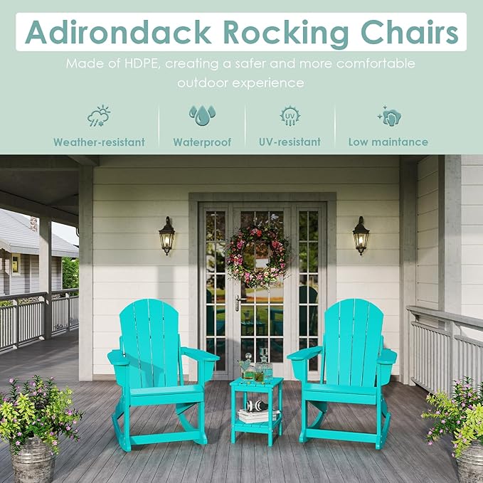 IVY&LANE Adirondack Rocking Chair | Porch-Rocker | HDPE Plastic | Weatherproof | Aqua | for Outdoor Patio Deck Backyard