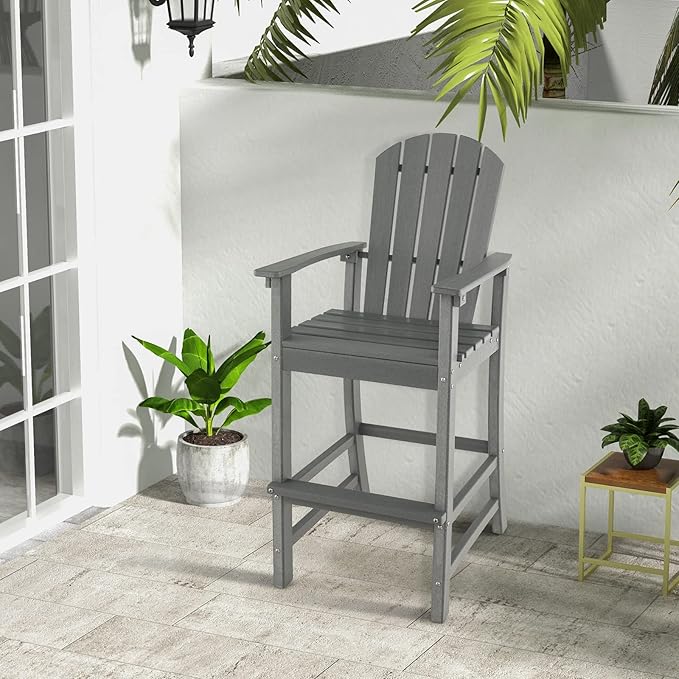 Giantex Outdoor HDPE Bar Stool, Tall Adirondack Chair with Armrests and Footrest, 30 Inches Counter Height Bar Stool for Garden, Backyard, Weather Resistance, Easy Maintenance (1, Gray)