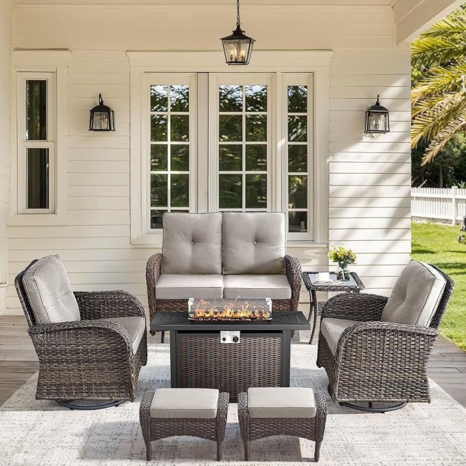 7 Pieces Outdoor Furniture with Fire Pit Deep Seating Outdoor Glider Loveseat with Patio Swivel Chairs Outdoor Furniture Set for Deck Porch Garden Balcony Poolside-Brown/Beige