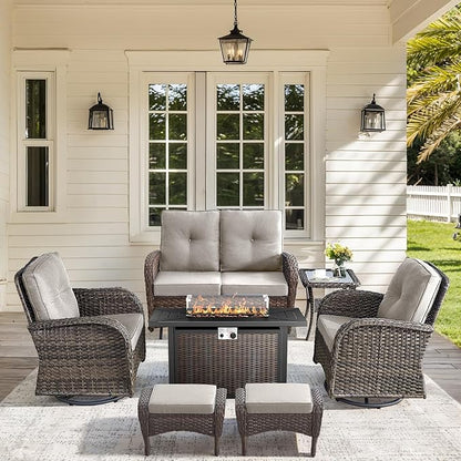7 Pieces Outdoor Furniture with Fire Pit Deep Seating Outdoor Glider Loveseat with Patio Swivel Chairs Outdoor Furniture Set for Deck Porch Garden Balcony Poolside-Brown/Beige