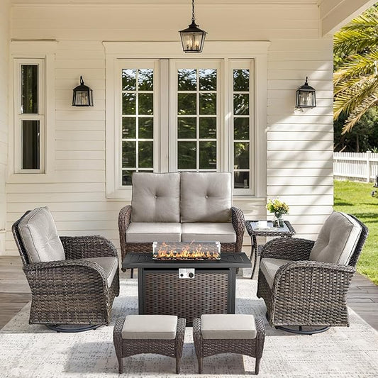 7 Pieces Outdoor Furniture with Fire Pit Deep Seating Outdoor Glider Loveseat with Patio Swivel Chairs Outdoor Furniture Set for Deck Porch Garden Balcony Poolside-Brown/Beige