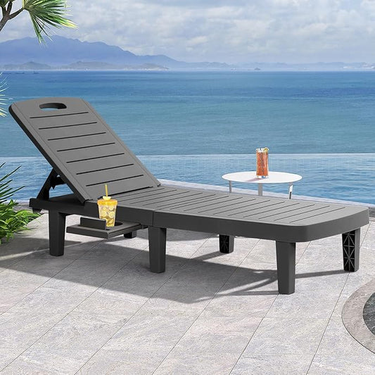 Chaise Lounge Outdoor, Waterproof Resin Lounge Chairs for Outside w/Adjustable 5 Positions All Weather Recliner Chair for Patio, Poolside, Beach, Yard, 1PCS, Black