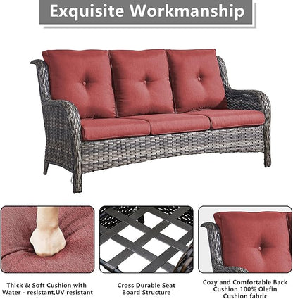 Outdoor Patio Wicker Furniture Set - 6 Piece Rattan Patio Conversation Sectional Sofa Set with 1 Couch,2 Armchairs,2 Ottomans and 1 Glass Top Coffee Table for Porch Deck Garden(Mixed Grey/Red)