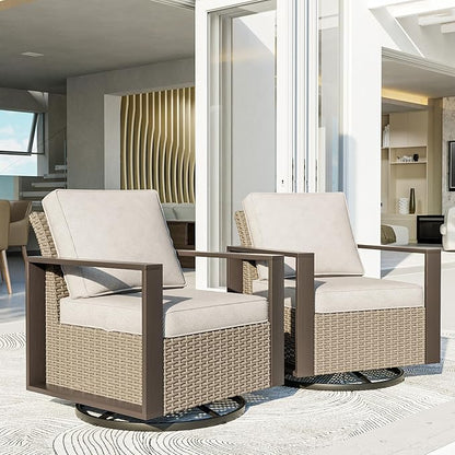 Patio Chairs Set of 2, Outdoor Swivel Rocker Patio Chairs, Metal Patio Furniture with Deep Seating, Thicken Cushions for Deck, Porch, Yard Use (Beige, 2 PCS/Swivel)