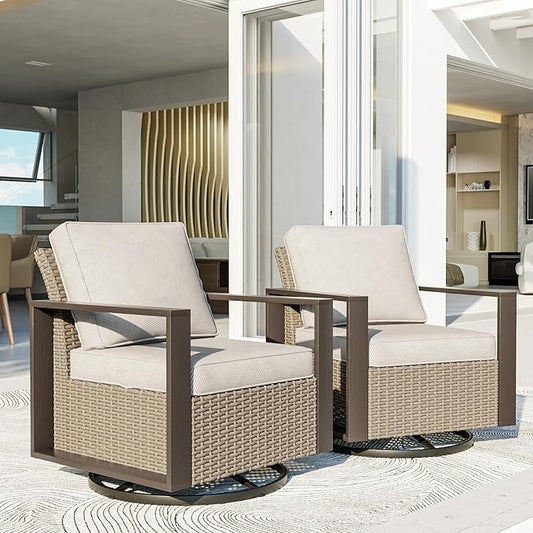 Patio Chairs Set of 2, Outdoor Swivel Rocker Patio Chairs, Metal Patio Furniture with Deep Seating, Thicken Cushions for Deck, Porch, Yard Use (Beige, 2 PCS/Swivel)