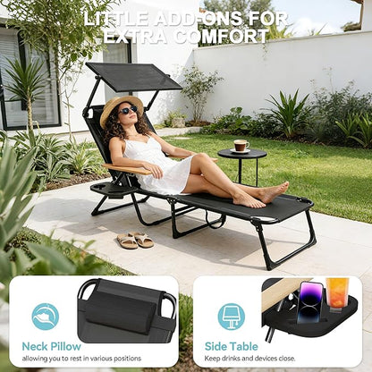 Outdoor Chaise Lounge Chair with 4-Position Adjustable Backrest,Patio Folding Sun Tanning Chair,Pillow & Cup Holder,Portable Recliner Sunbathing Lounger Chairs for Beach Garden (Black with Shade)