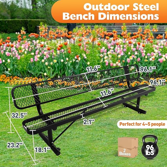 8FT Heavy Duty Park Bench with Back Portable Frame, Outdoor Metal Park Bench with Backrest, Steel Mesh Outdoor Bench for Garden, Lawn, Patio, Porch, Park, Yard (BLACK, 94.1" D x 23.2" W x 32.5" H)