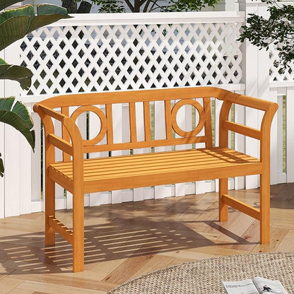 Tangkula Acacia Wood Outdoor Bench with Backrest, 2-Person Patio Wood Bench with Curved Armrests, Slatted Seat, Garden Bench Loveseat for Park, Yard, Lawn, Patio, 800 LBS Max Load