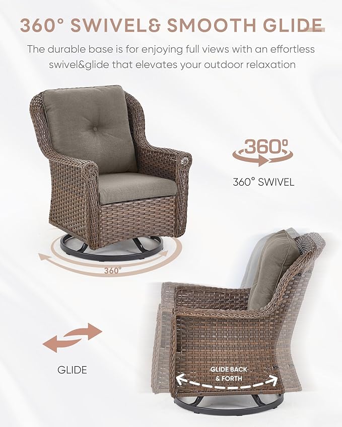 Outdoor Patio Swivel Gliders with Fire Pit Table 5 Piece Set - High Back Brown Wicker Rattan Rocking Chair with Thick - Photo 5
