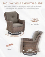 Outdoor Patio Swivel Gliders with Fire Pit Table 5 Piece Set - High Back Brown Wicker Rattan Rocking Chair with Thick - Photo 5