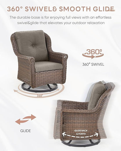 Outdoor Patio Swivel Gliders with Fire Pit Table 5 Piece Set - High Back Brown Wicker Rattan Rocking Chair with Thick Cushion for Porch Apartment Deck Yard Poolside Garden - Grey