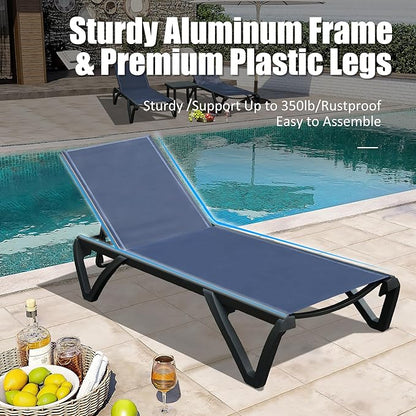 Domi Pool Lounge Chairs, Aluminum Patio Chaise Lounge with Side Table, Wheels, 5 Position Adjustable, Outdoor Lounge Chairs for Beach, Yard, Balcony, Poolside, Navy Blue