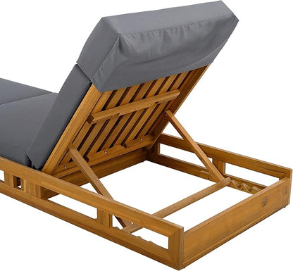 Outdoor Lounge Chaise Set with 3-Fold 4" Water-Resistant Cushion & Headrest,4-Position Adjustable Backrest Recliner,Acacia Wood Lounger Chair for Patio,Garden,Poolside,Balcony,Deck,79" D Dark Gray