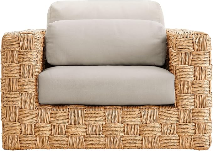 Modway Thames Wicker Rattan Outdoor Armchair - Natural Light Gray, UV-Resistant Deep-Seating Accent Chair with Cushion and Lumbar Pillow, Basket-Weave Patio Accent Chair for Backyard, Deck