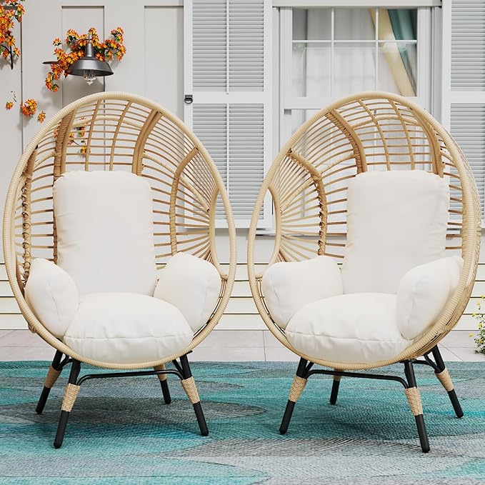Oversized Wicker Egg Chair, Outdoor Indoor Rattan Patio Egg Lounge Chairs with Cushion 500lbs Capacity for Living Room, Balcony, Backyard (2 PCS, Beige-Regular)