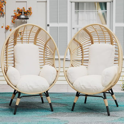 Oversized Wicker Egg Chair, Outdoor Indoor Rattan Patio Egg Lounge Chairs with Cushion 500lbs Capacity for Living Room, Balcony, Backyard (2 PCS, Beige-Regular)