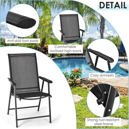 Giantex Set of 4 Patio Folding Chairs, Outdoor Chairs with Armrest, Portable Dining Chairs for Porch Camping Pool Beach Deck Lawn Garden, 4-Pack Patio Chairs, Metal Frame, Black