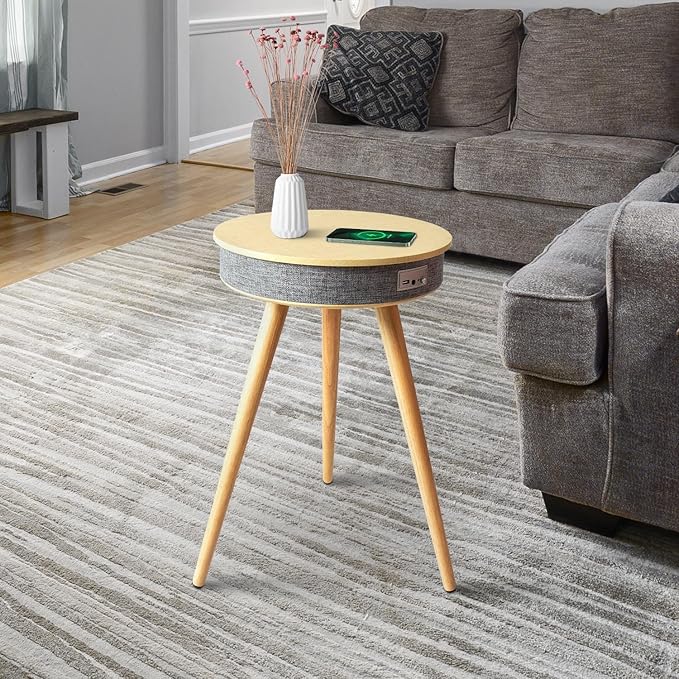 Louis Donné Smart End Table with Bluetooth Speakers, Round Side Table with Wireless Charger, Smart Coffee Table for Outdoor Pool Parties Patio Camping, 360 Degree Premium Sound (Log Color)