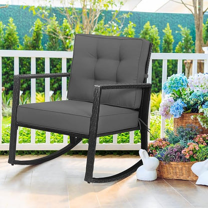 Tangkula Wicker Rocking Chair, Outdoor Glider Rattan Rocker Chair with Heavy-Duty Steel Frame, Patio Wicker Furniture Seat with 5” Thick Cushion for Garden, Porch, Backyard, Poolside (1, Gray)