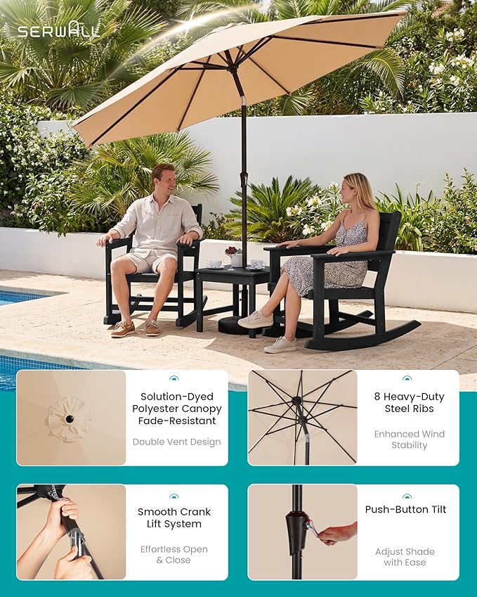 SERWALL Outdoor Rocking Chairs Set of 2 with 1 Side Table & 9ft Patio Umbrella - Photo 3