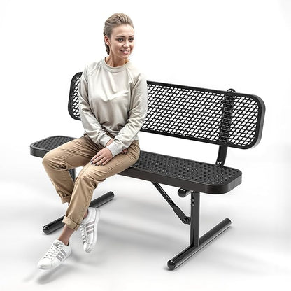 Heavy-Duty Outdoor Metal Bench, Thermoplastic-Coated, Portable, Weatherproof, Commercial-Grade for Parks, Gardens, Patios, Stores & More (4 Ft - Portable with Back, Black)
