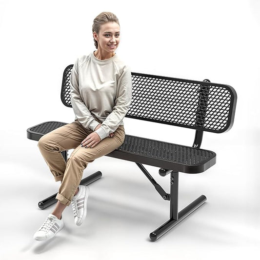 Heavy-Duty Outdoor Metal Bench, Thermoplastic-Coated, Portable, Weatherproof, Commercial-Grade for Parks, Gardens, Patios, Stores & More (4 Ft - Portable with Back, Black)
