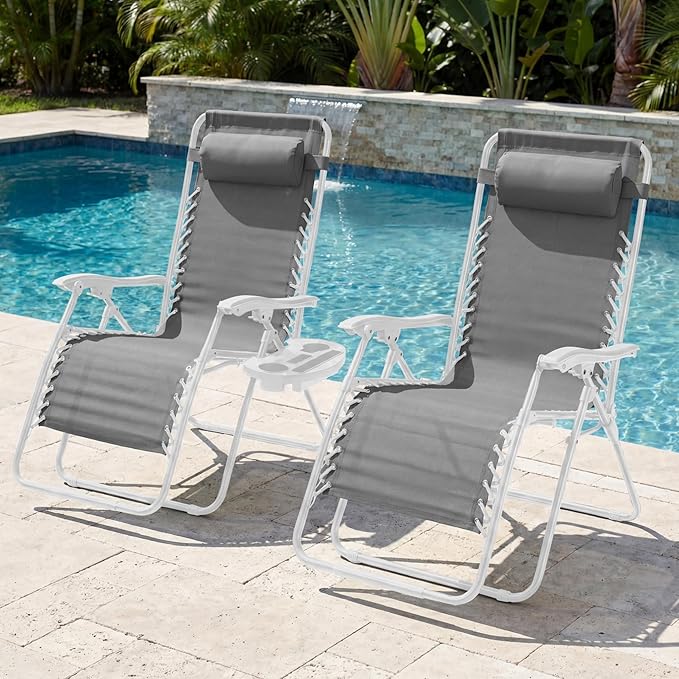 Best Choice Products Set of 2 Extra Wide Adjustable Steel Mesh Zero Gravity Lounge Chair Recliners w/Pillows and Cup Holder Trays - Ice Gray/White