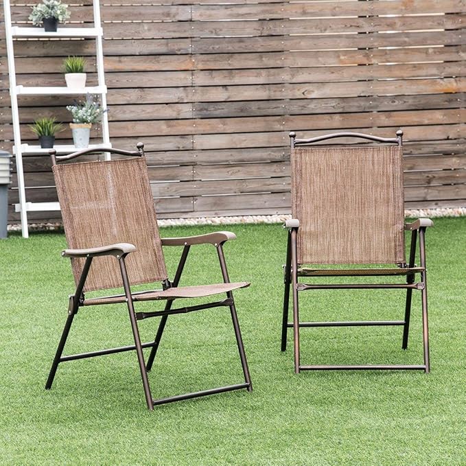 Giantex Set of 2 Patio Folding Chairs, Outdoor Patio Dining Chairs w/Armrest, Sling Back, Metal Frame - Photo 4