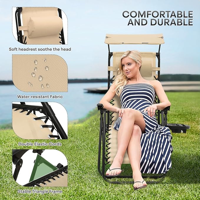 Athena Collection Folding Zero Gravity Chair with Canopy, Adjustable Lounge Chair Recliner, Outdoor Lawn Chair Camping Chairs Beach Chaise Chairs with Headrest & Cup Holder for Patio Pool, Cream