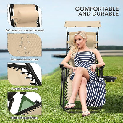 Athena Collection Folding Zero Gravity Chair with Canopy, Adjustable Lounge Chair Recliner, Outdoor Lawn Chair Camping Chairs Beach Chaise Chairs with Headrest & Cup Holder for Patio Pool, Cream