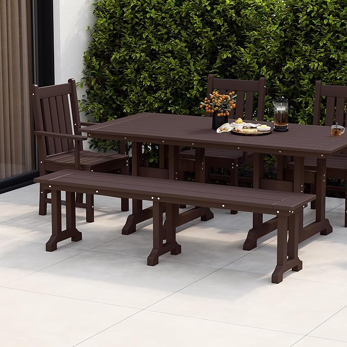 WestinTrends Malibu 65" Outdoor Dining Bench, All Weather Resistant Poly Lumber Patio Garden Bench Trestle Long Bench for Both Outdoor and Indoor, Dark Brown