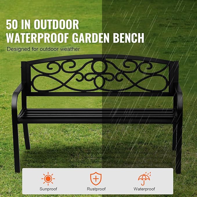 Happybuy 50-Inch Metal Outdoor Garden Bench, 550 lbs Load Capacity, Patio Bench with Backrest & Armrests, Durable Bench for Park, Yard, Garden, Porch